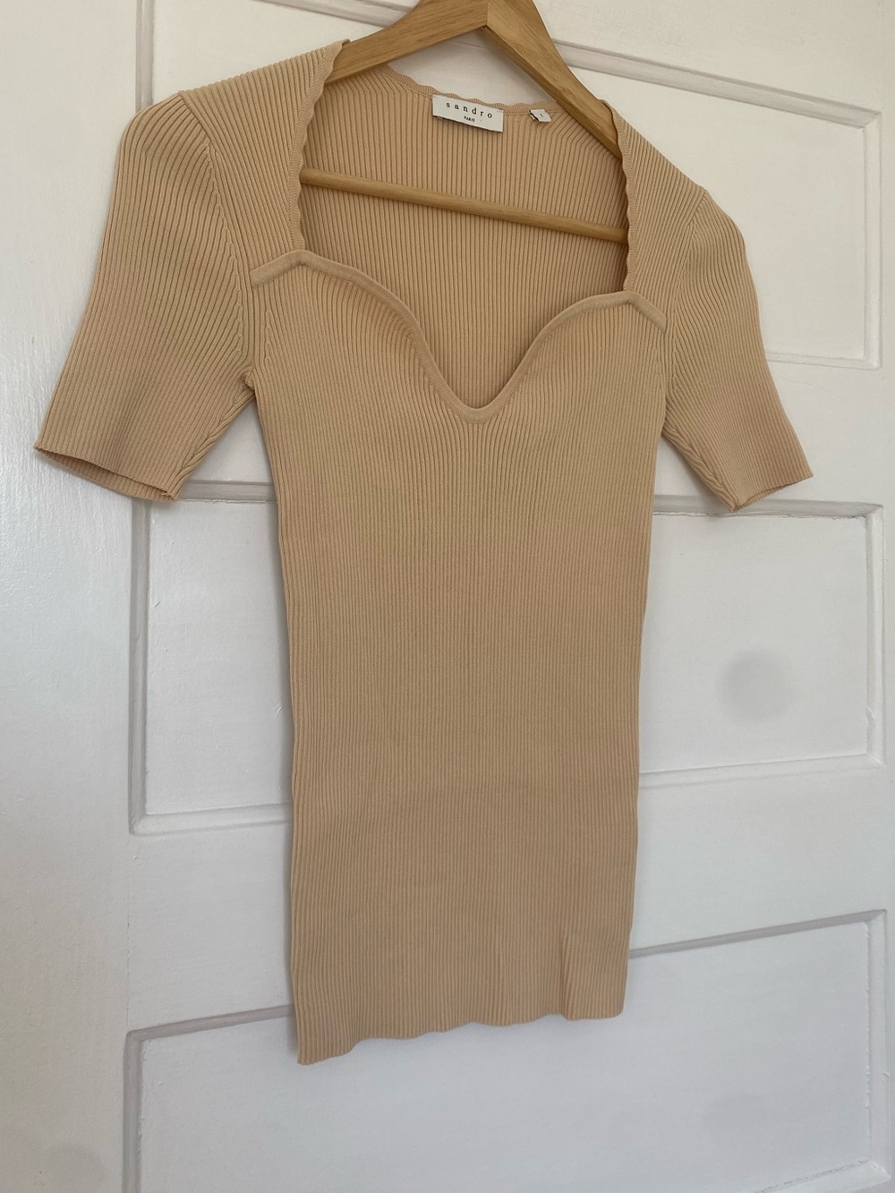 Sandro Beige Rib Knit Sweetheart Top - Picture 5 of 12